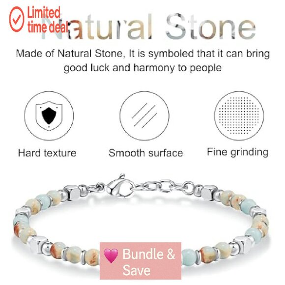 Boho Beaded Bracelet with Natural Stones, Adjustable 8.1 Inch, Recycled Material - Picture 5 of 8